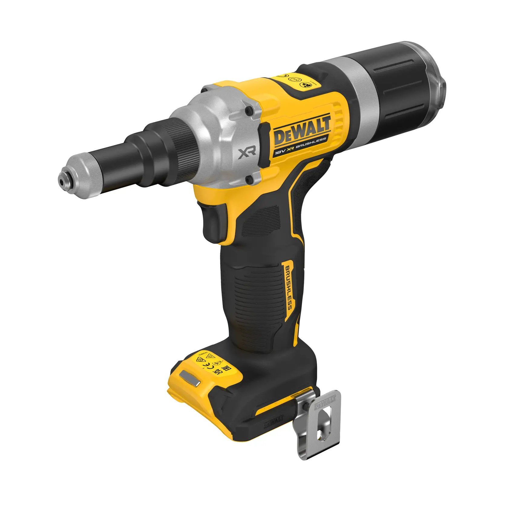 Herramienta inalámbrica DEWALT DCF414NT, amarilla y negra, con clip metálico, sobre fondo blanco.