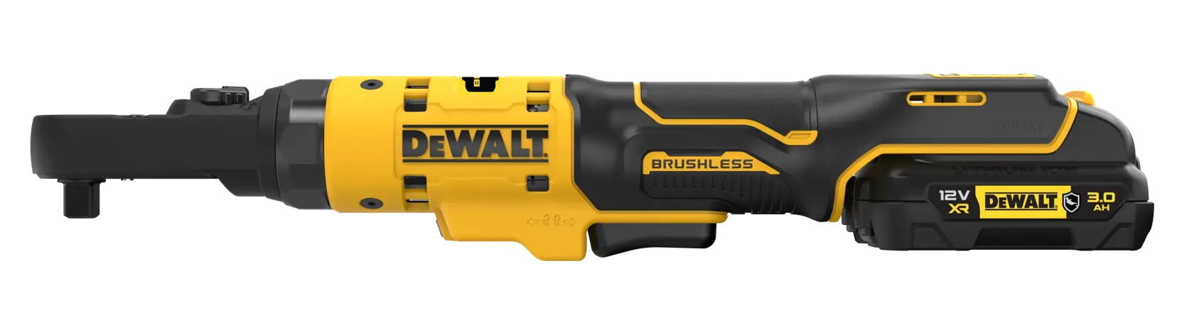 Llave de carraca inalámbrica DEWALT brushless, diseño amarillo y negro, batería 12V XR 3.0Ah visible.