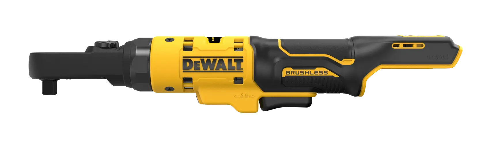 DEWALT DCF500N herramienta de carraca inalámbrica brushless, amarilla y negra, vista lateral.