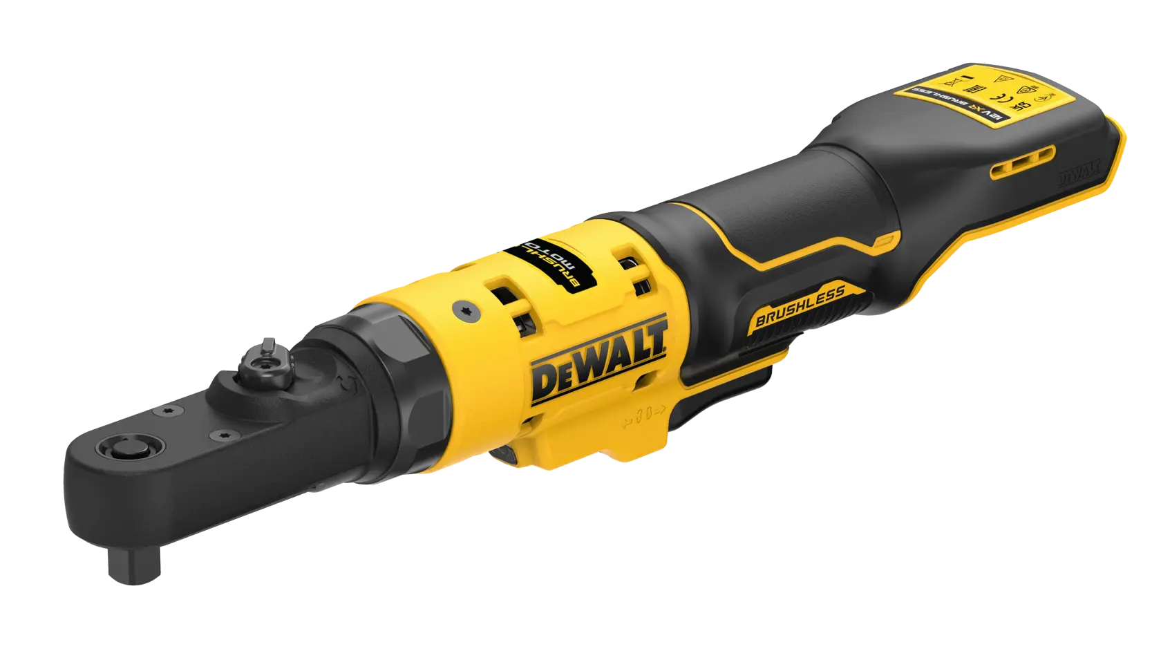 Llave de carraca sin cable DEWALT brushless, negra y amarilla, diseño compacto para tareas mecánicas.