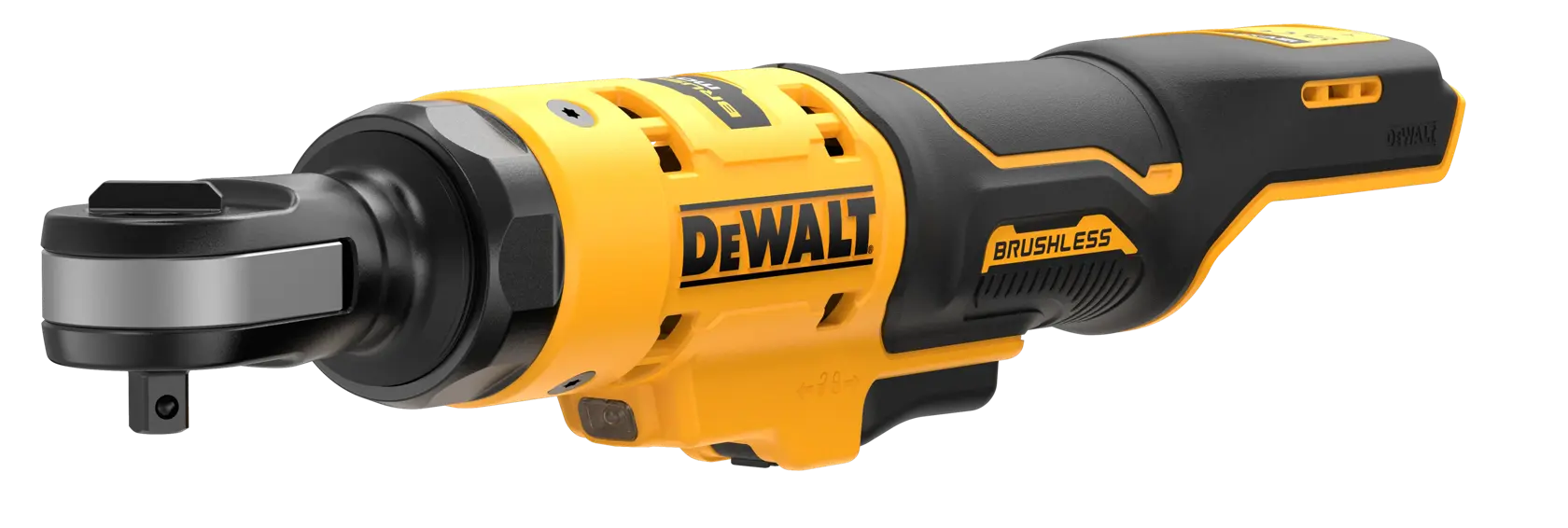 DEWALT Akku-Ratschenschlüssel, bürstenlos, gelb und schwarz, auf weißem Hintergrund.