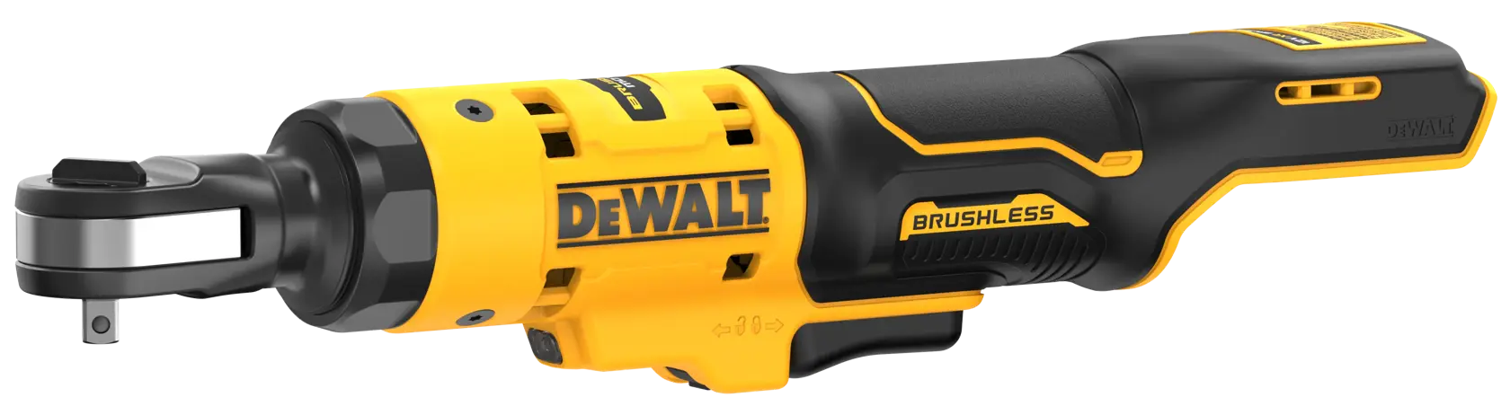 Llave de carraca inalámbrica sin escobillas DEWALT de color amarillo y negro con mango ergonómico y diseño compacto.