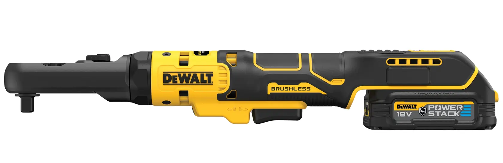Llave de carraca DEWALT inalámbrica con motor brushless y batería 18V POWERSTACK, diseño amarillo y negro.