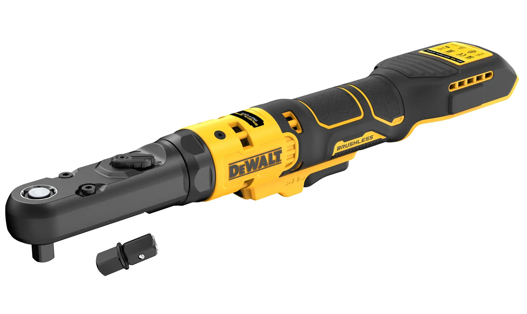 Llave de carraca inalámbrica DEWALT DCF510N con motor brushless y adaptador, diseño negro y amarillo.