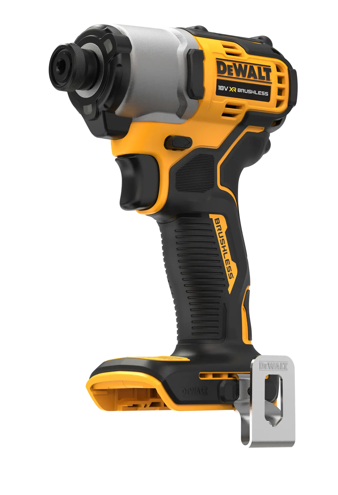 A DEWALT 18V XR brushless cordless impact driver with a yellow and black body, ergonomic grip, and a metal belt clip. The tool is shown without a battery attached.