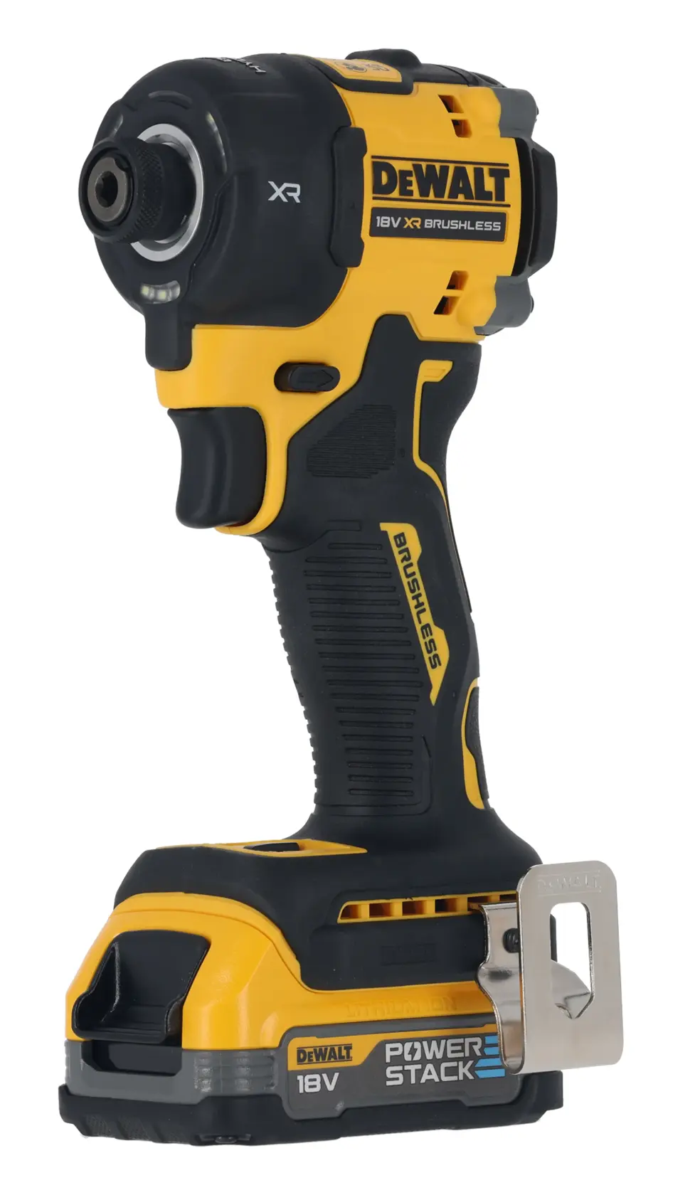 Taladro percutor DEWALT 18V XR brushless con batería POWERSTACK, amarillo y negro, visto de lado.