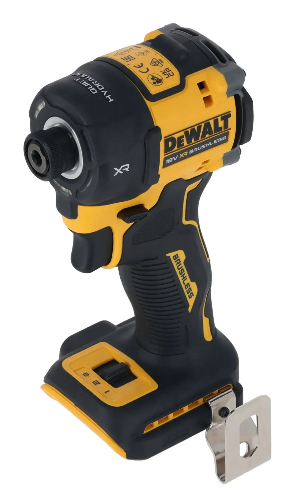 Atornillador de impacto DEWALT inalámbrico, amarillo y negro, brushless, 18V XR, sin batería.