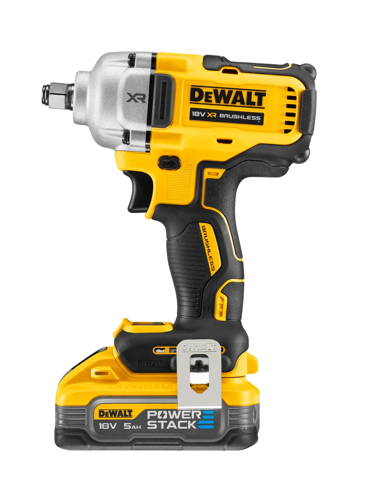 Una llave de impacto inalámbrica DEWALT DCF891H2T 18V XR sin escobillas con batería Power Stack 5Ah, mostrada en posición vertical sobre un fondo blanco.