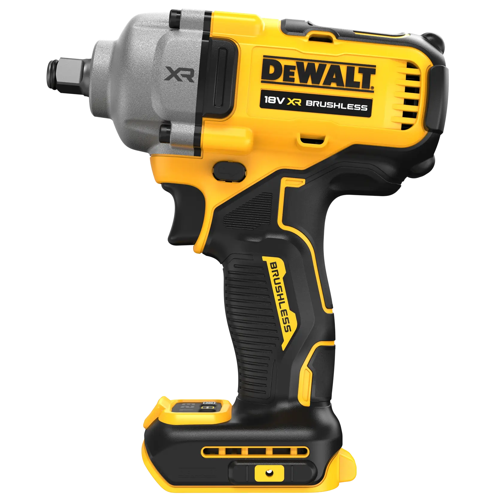 DEWALT 18V XR brushless impact wrench in yellow and black, shown without battery.