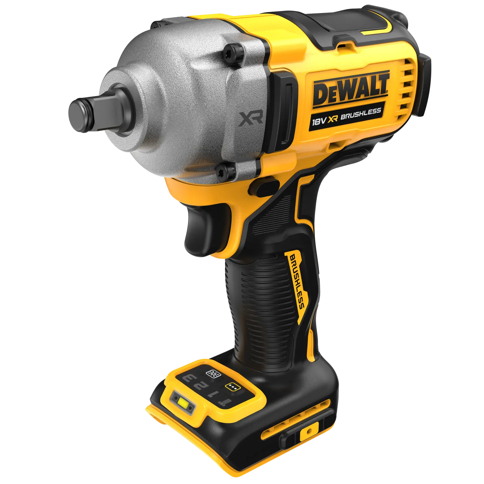 Cordless DEWALT 18V XR brushless impact wrench with ergonomic grip and digital controls.