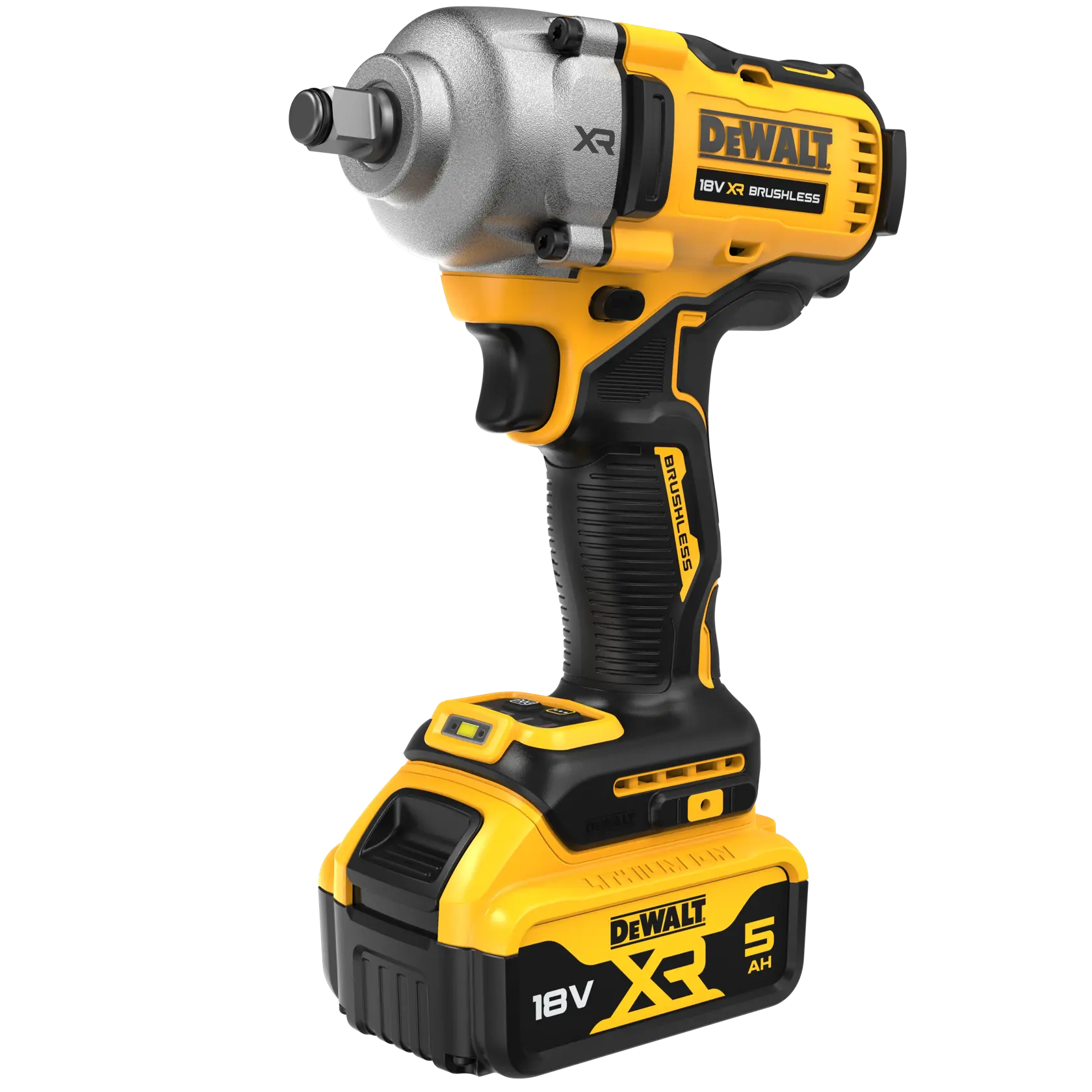 Llave de impacto DEWALT 18V XR inalámbrica, batería 5Ah, diseño negro y amarillo brushless.