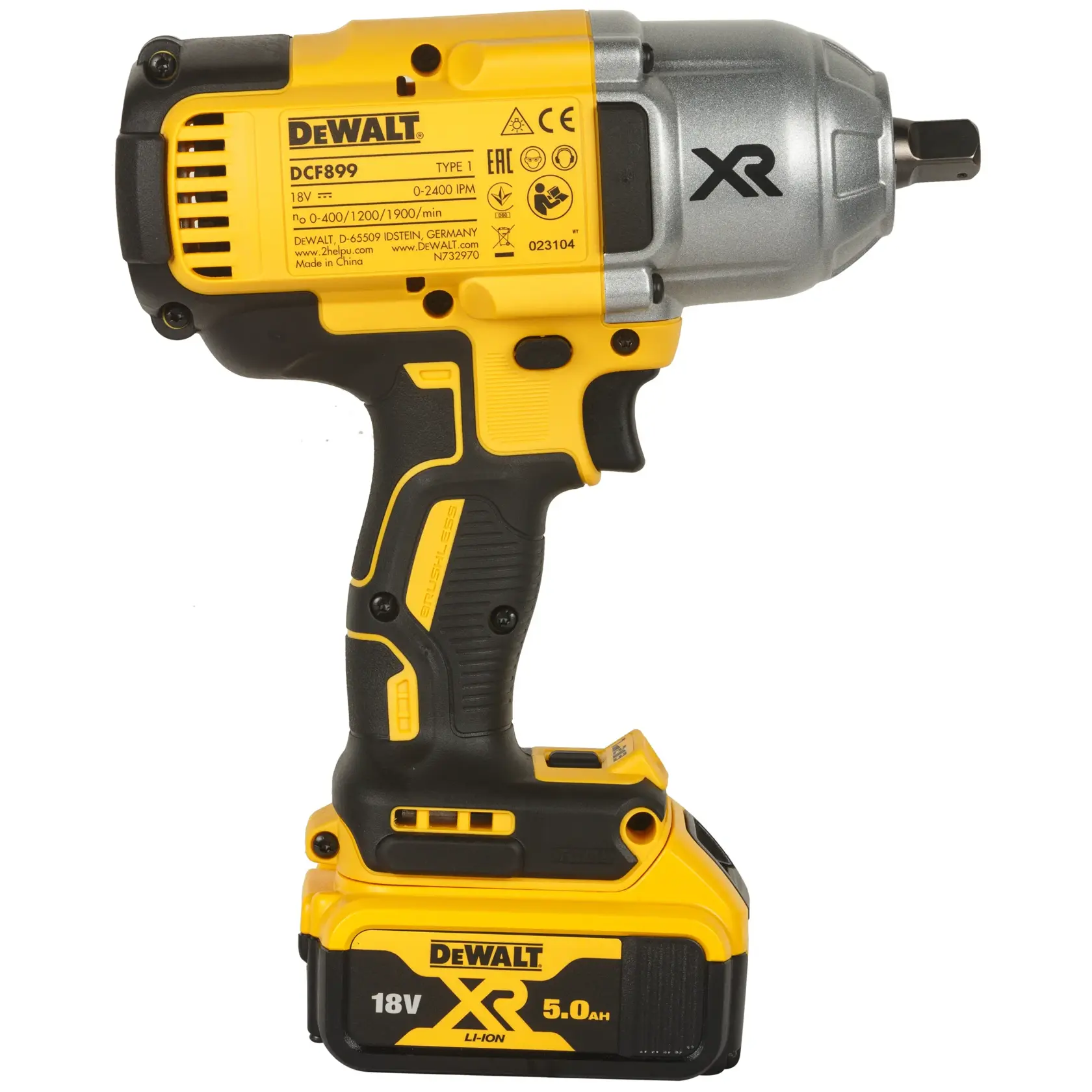 A DEWALT 20V MAX XR cordless impact wrench with a yellow and black body, featuring a lithium-ion battery (5Ah) attached at the base.
