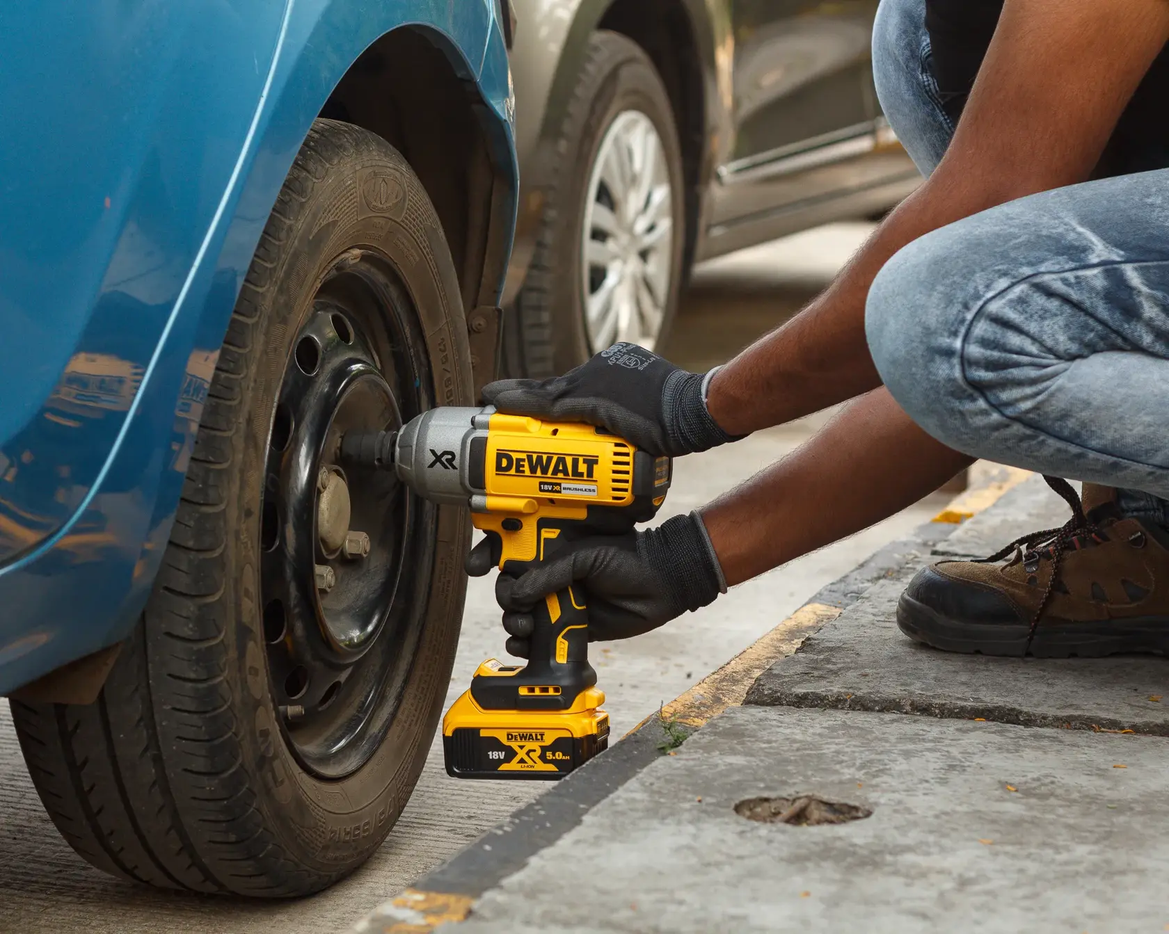 A partial view of a DEWALT cordless power tool with XR branding, shown with a black and yellow handle. Below the tool, a yellow banner reads: 'Cover a variety of applications with multi-speed control (0-400/ 1,200/ 1,900 RPM)'.