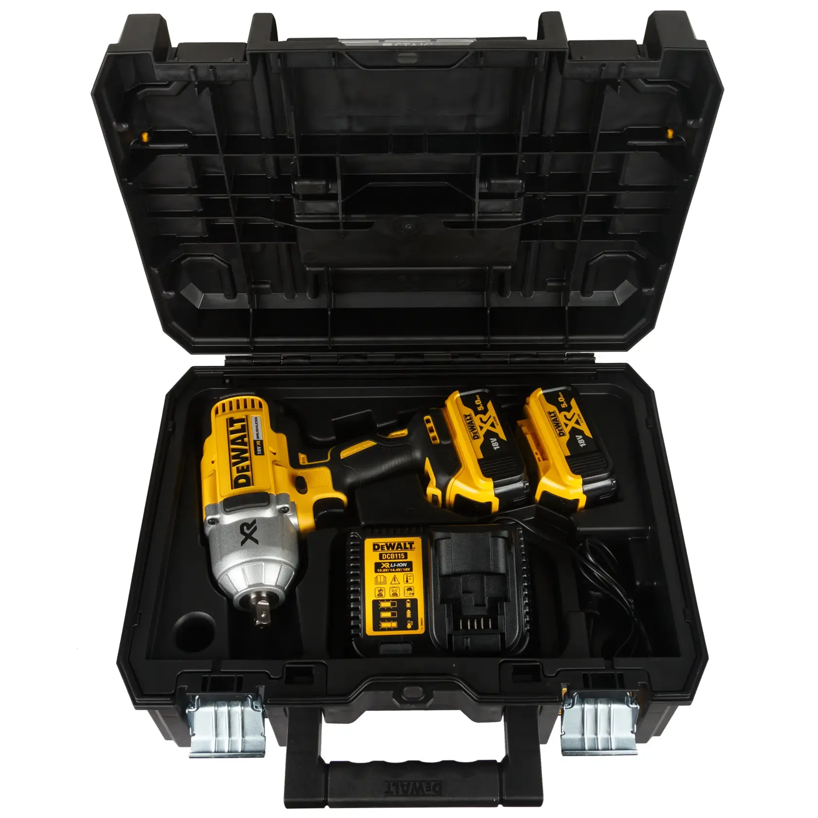 DEWALT 20V Max XR cordless impact wrench kit, shown with a yellow and black carrying bag, two lithium-ion batteries, a battery charger, and the impact wrench.