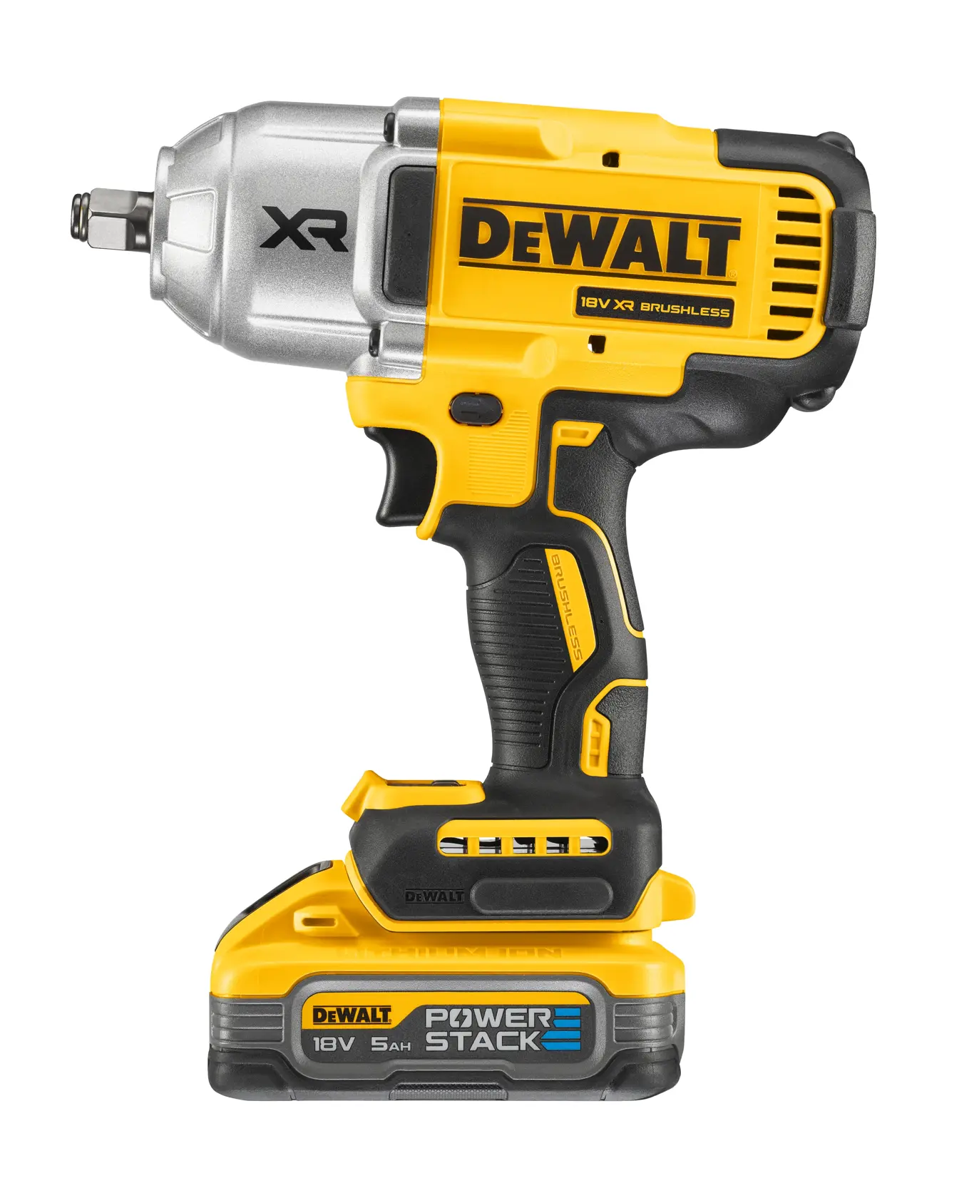 Llave de impacto inalámbrica DEWALT 18V XR con motor sin escobillas y batería POWERSTACK 5Ah, mostrada en amarillo y negro con parte frontal metálica plateada.