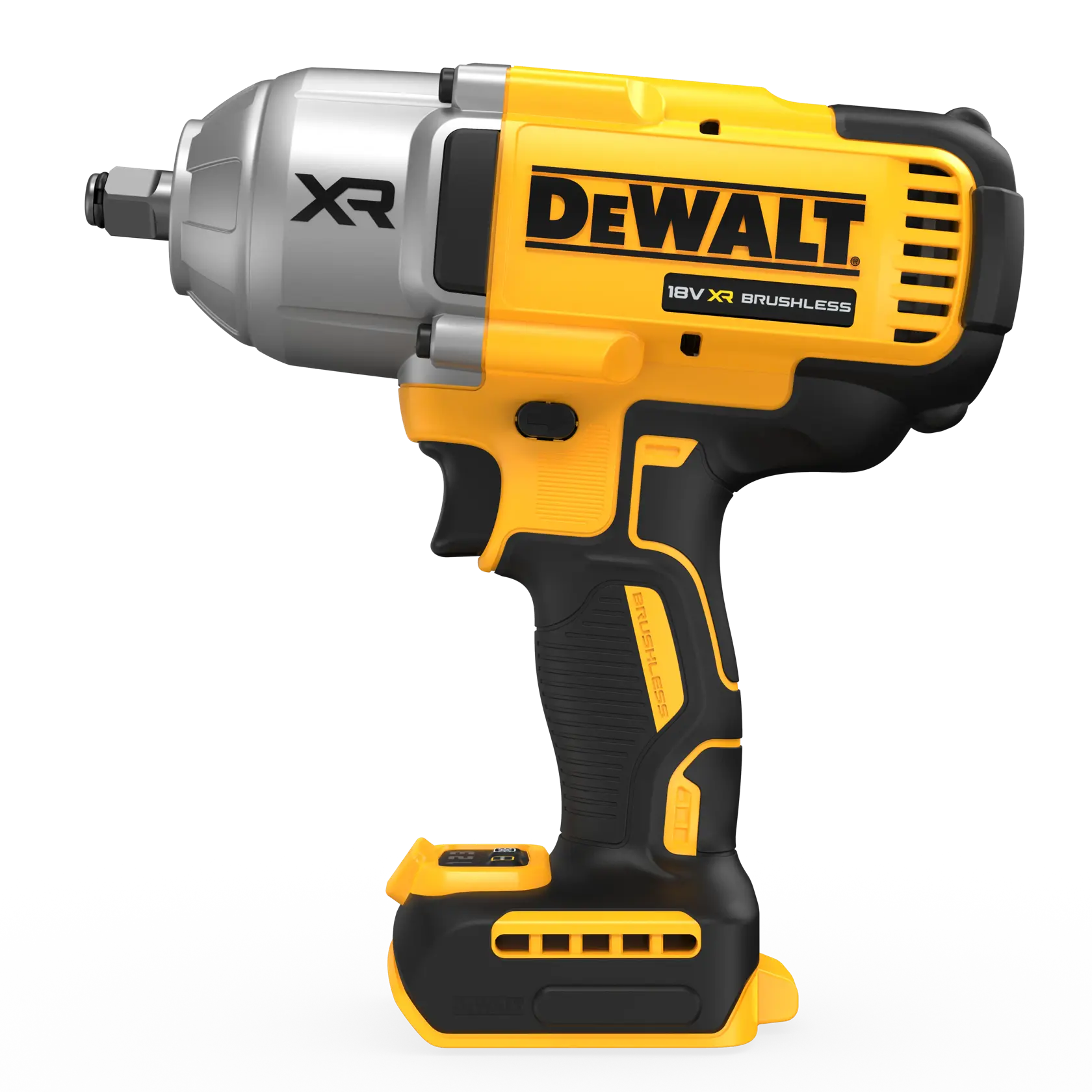 DEWALT DCF900N 18V XR brushless impact wrench, yellow and black, side view on white background.