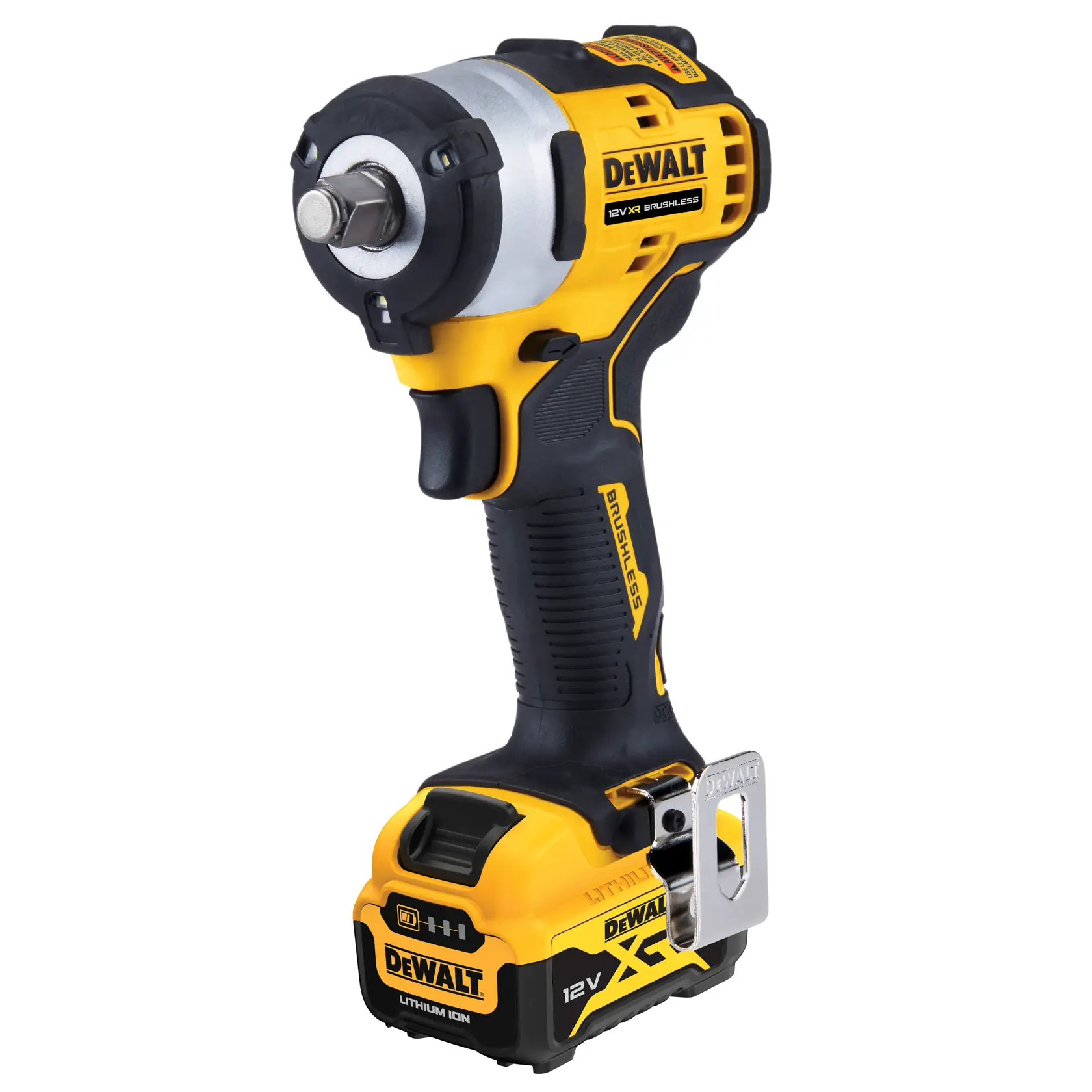 DeWALT DCF901P1 12V cordless impact wrench with brushless motor and lithium-ion battery, shown upright.