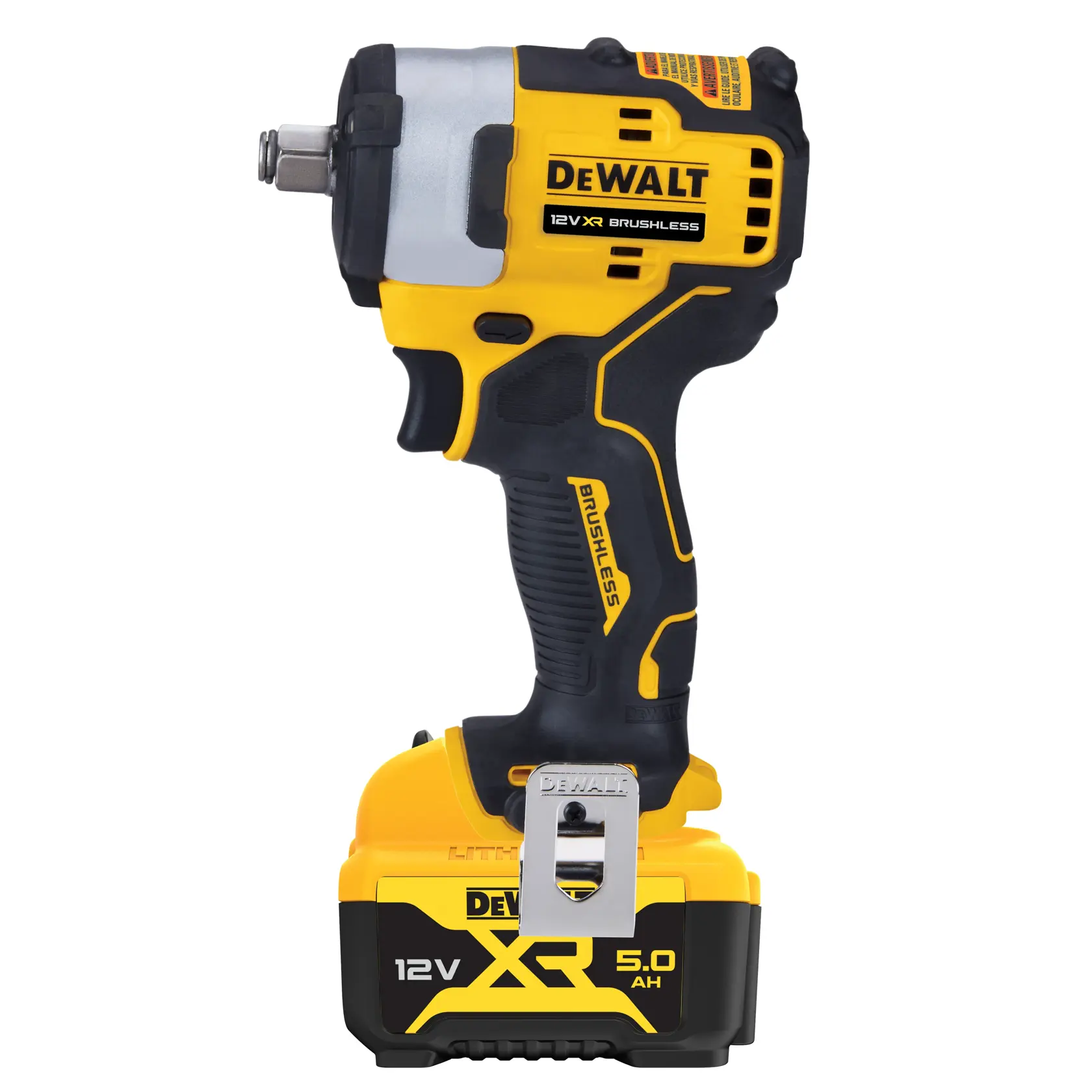 DEWALT 12V XR Brushless impact wrench with 5.0Ah lithium battery, shown upright with yellow and black design.