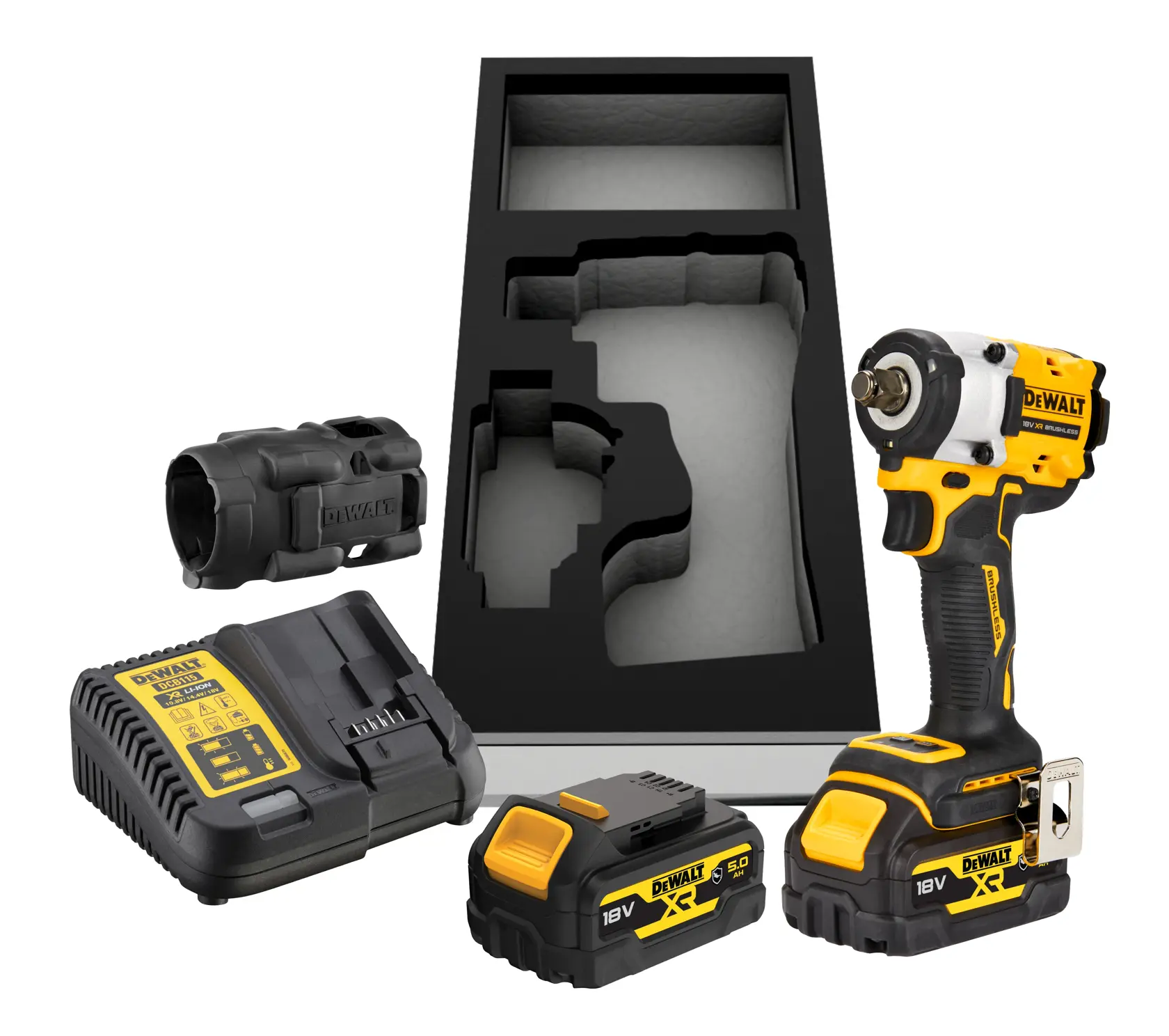 DEWALT 18V XR Akku-Schlagschrauber-Set mit einem gelb-schwarzen Schlagschrauber, zwei wiederaufladbaren Akkus, einem Ladegerät, einer Schutzhülle und einer speziellen schwarzen Koffereinlage.