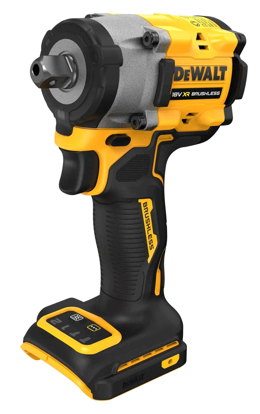 Ein DEWALT 18V XR Brushless kabelloser Schlagschrauber mit gelbem und schwarzem Design, abgebildet ohne eingesetzten Akku.