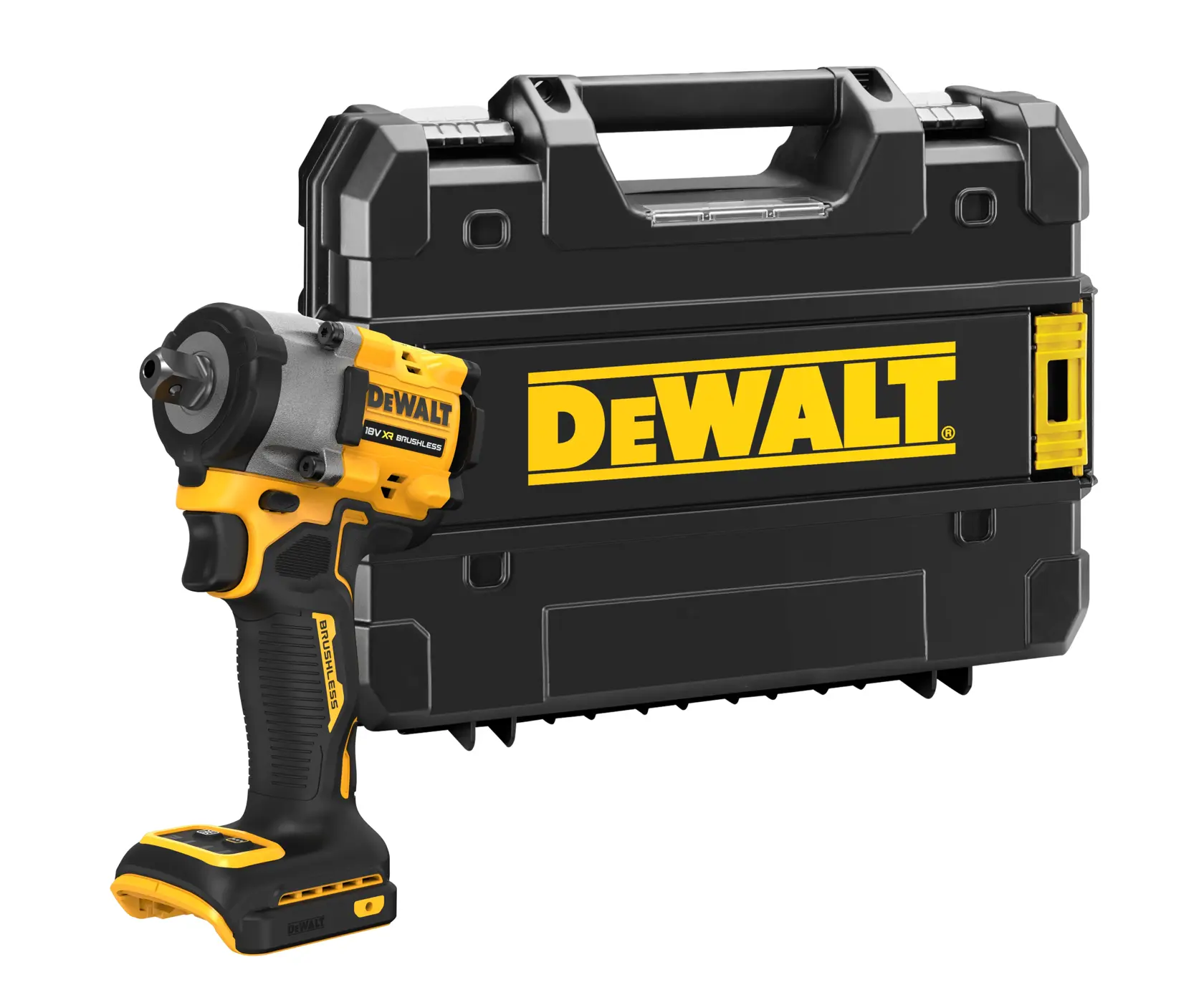 Ein kabelloser DEWALT-Schlagschrauber vor einem schwarzen DEWALT-Tragekoffer mit gelben Akzenten und dem DEWALT-Logo.