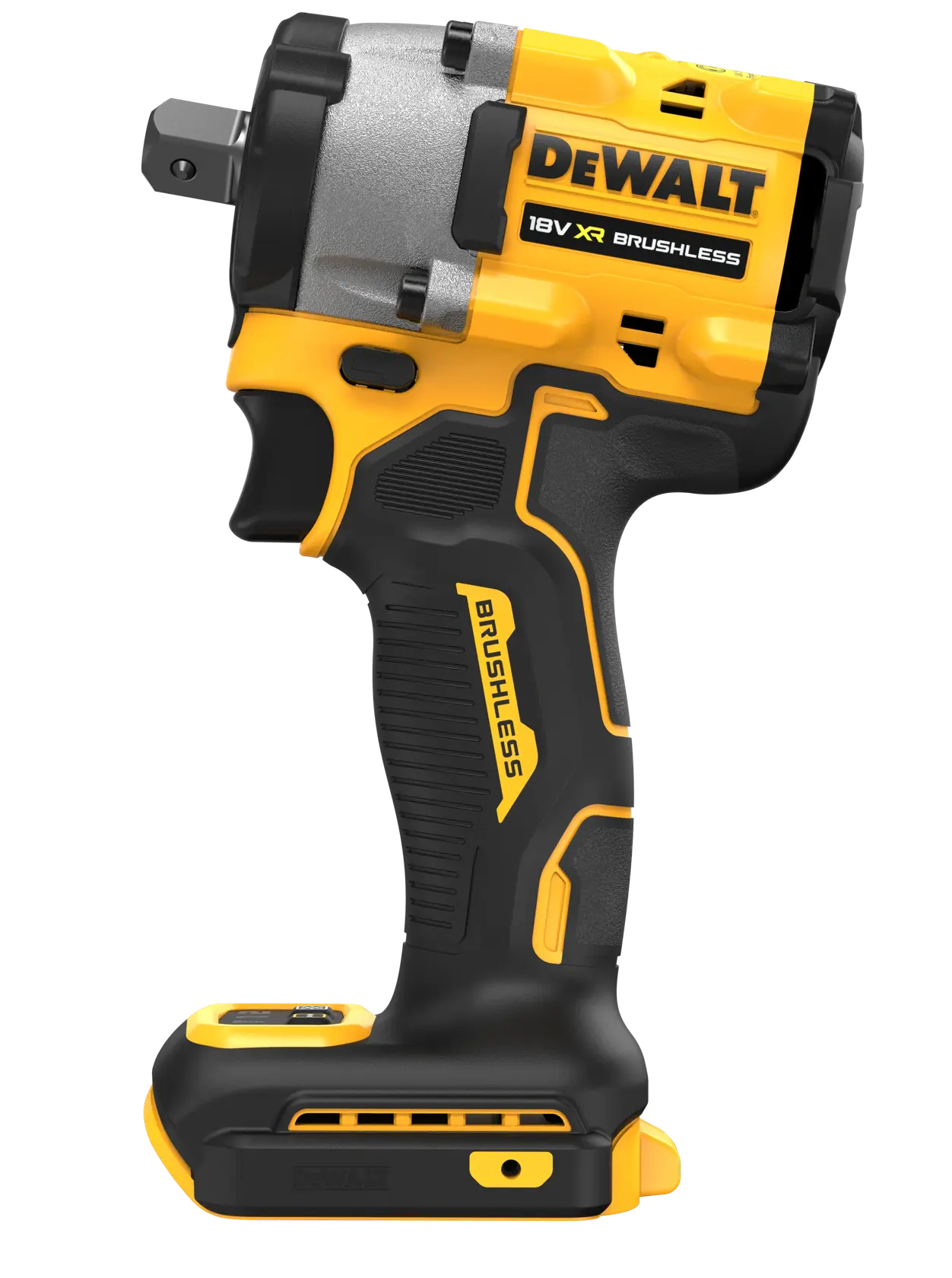 A DEWALT 18V XR Brushless impact wrench, model DCF922N, shown in a side view. The power tool is yellow and black with a compact and ergonomic design, featuring a visible square drive and labeled 'BRUSHLESS'.
