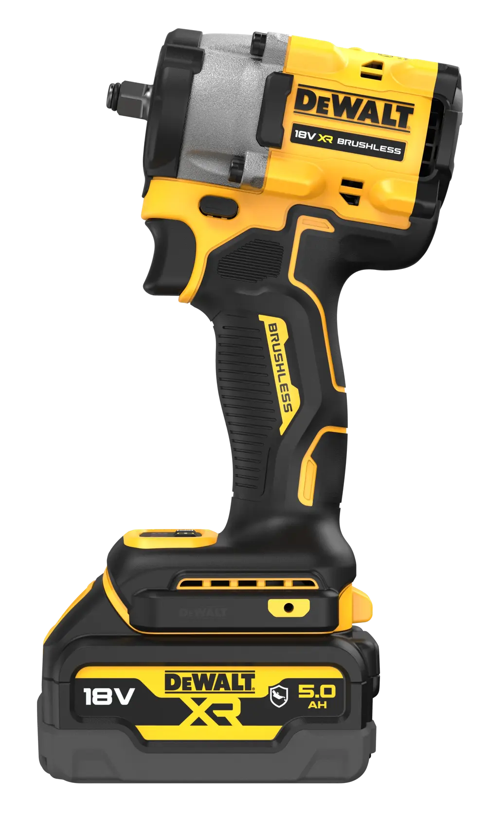 Ein DEWALT 18V XR bürstenloser Akku-Schlagschrauber mit schwarz-gelbem Design und 5,0 Ah Batterie.
