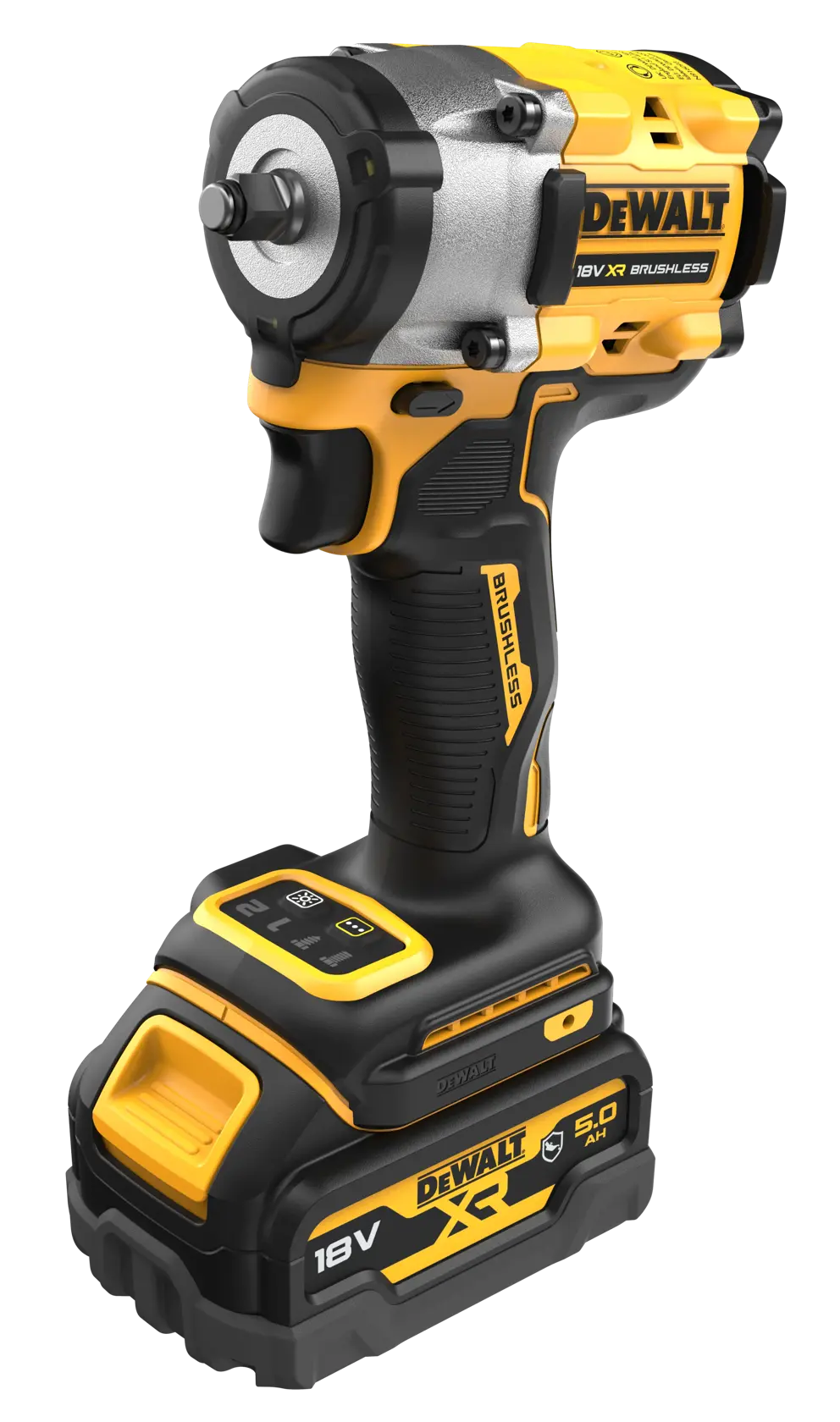 DEWALT 18V XR bürstenloser Akkuschlagschrauber mit ergonomischem Griff, gelb-schwarze Farbe und angeschlossenem 5,0 Ah Akku.