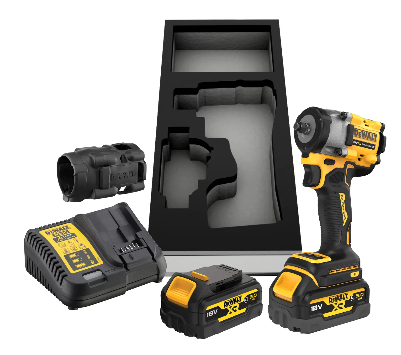 DEWALT 18V XR Brushless Schlagschrauber-Set mit zwei Akkus, Ladegerät, Schutzabdeckung und geformtem Einsatz für den Transportkoffer auf weißem Hintergrund.