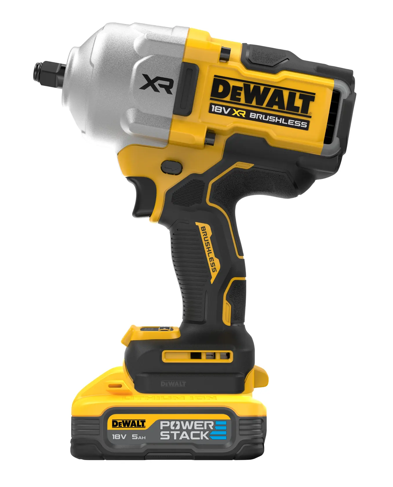 Llave de impacto DEWALT 18V XR Brushless con batería PowerStack, en amarillo y negro.