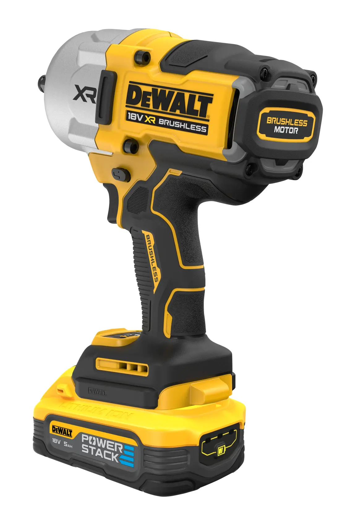 Llave de impacto inalámbrica DEWALT 18V XR brushless y batería Powerstack, diseño amarillo y negro.