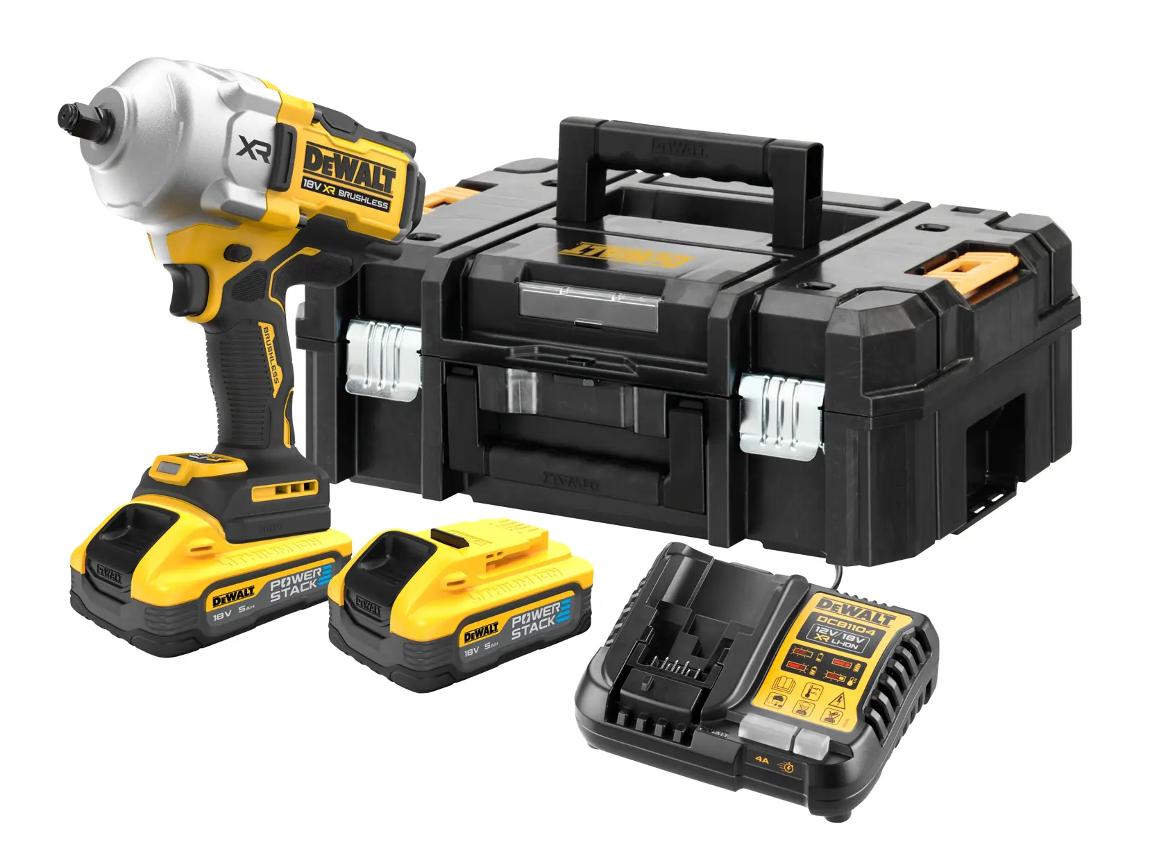 Kit de llave de impacto inalámbrica DEWALT con batería, cargador y maletín negro sobre fondo blanco.