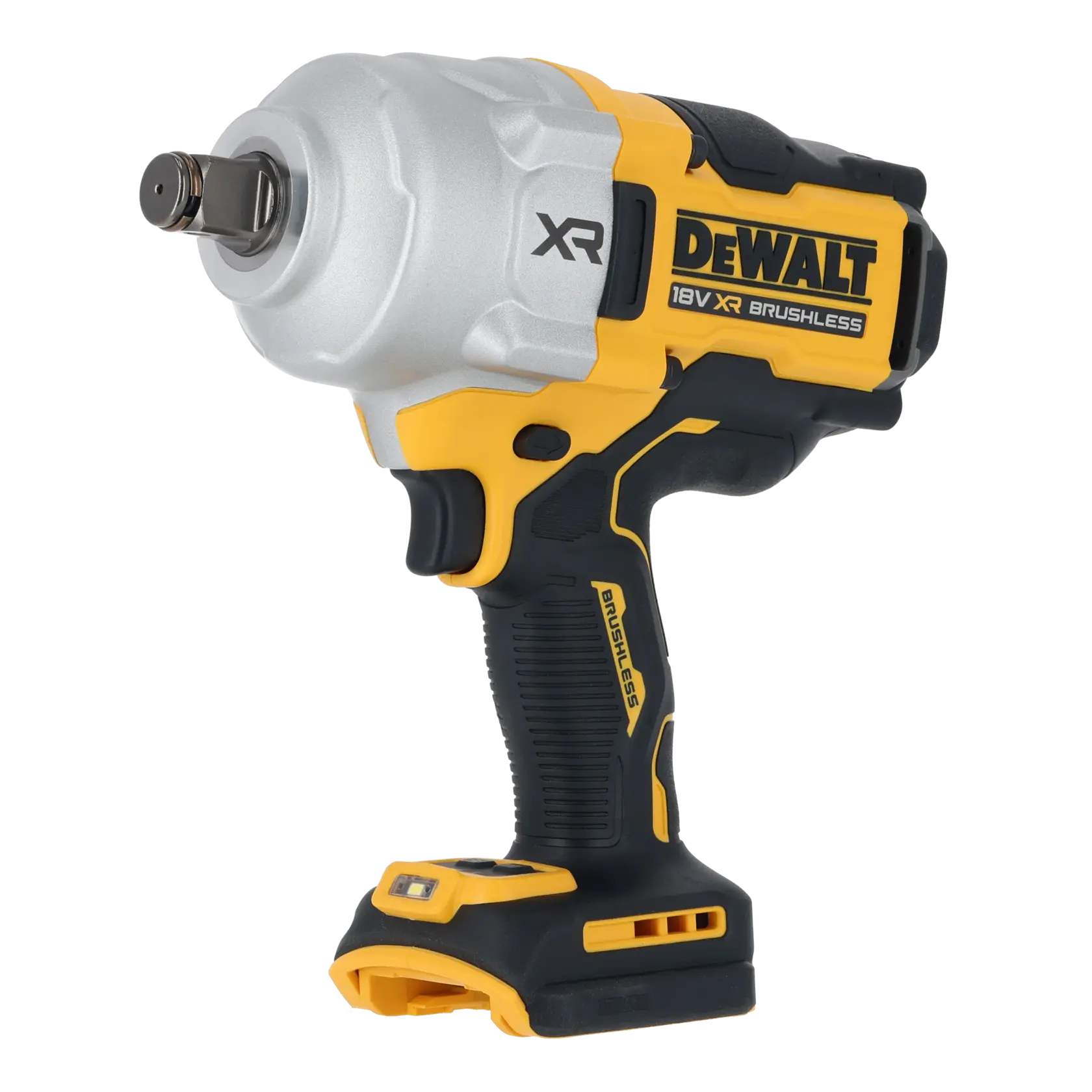 DEWALT 18V XR Brushless impact wrench in yellow and black, with ergonomic handle and metal head.