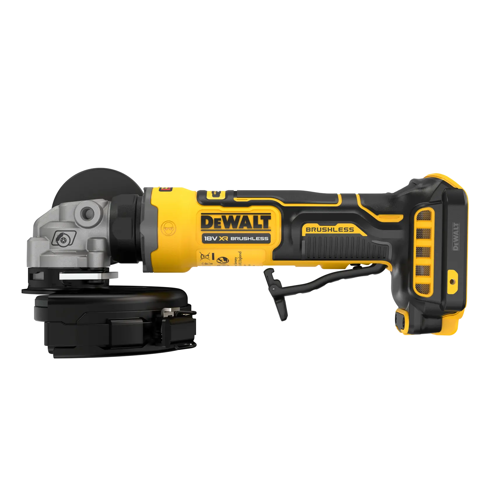 DEWALT cordless grinder. Photography product, SKUs DCG404NT, DCG404S2T-QW. Yellow/black tool shown.