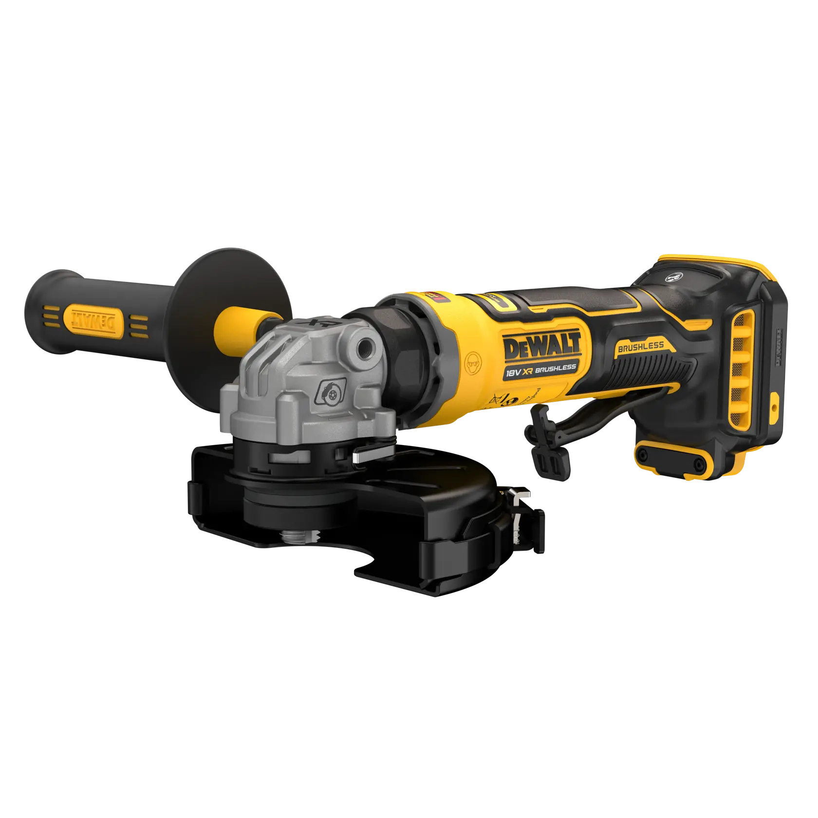 Amoladora inalámbrica DEWALT DCG404N-XJ, DCG404N amarilla y negra sobre fondo blanco.
