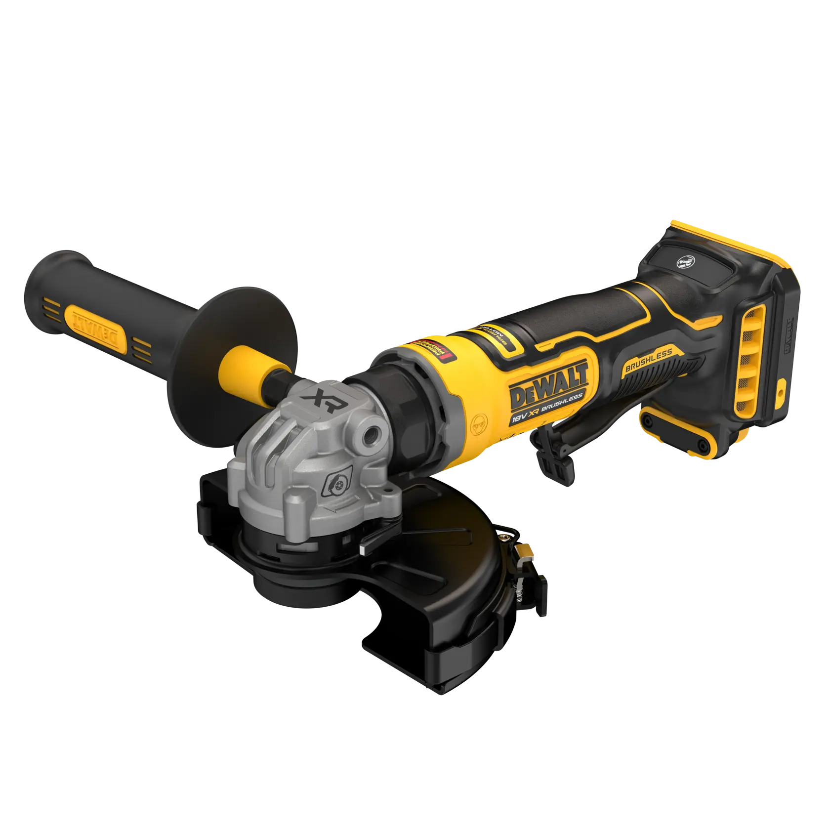 Amoladora angular inalámbrica DEWALT con mango negro y amarillo, motor sin escobillas y protector.