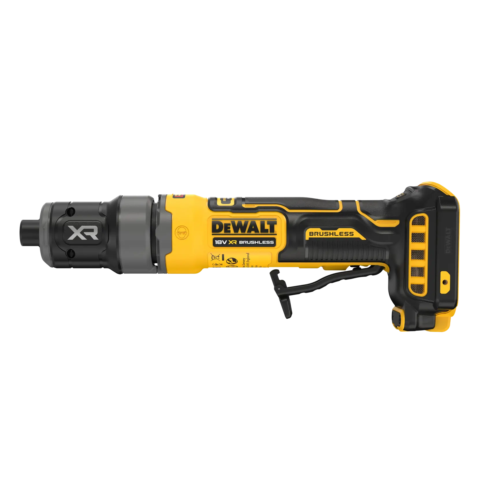 Herramienta DEWALT XR brushless, fotografía, SKUs DCG420N-XJ, DCG420N, amarilla y negra.