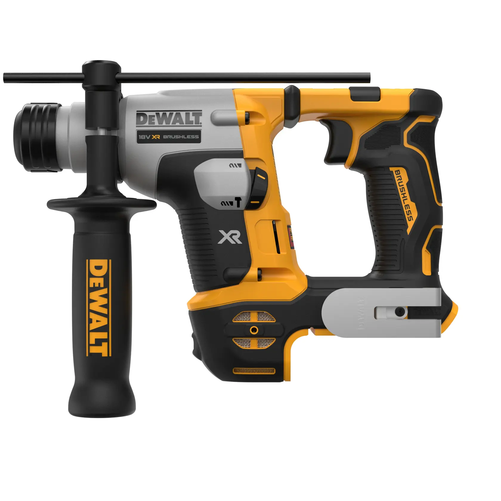 Martillo rotativo DEWALT, categoría fotografía, modelos DCH172NT-XJ y DCH172NT, negro y amarillo con mango lateral.