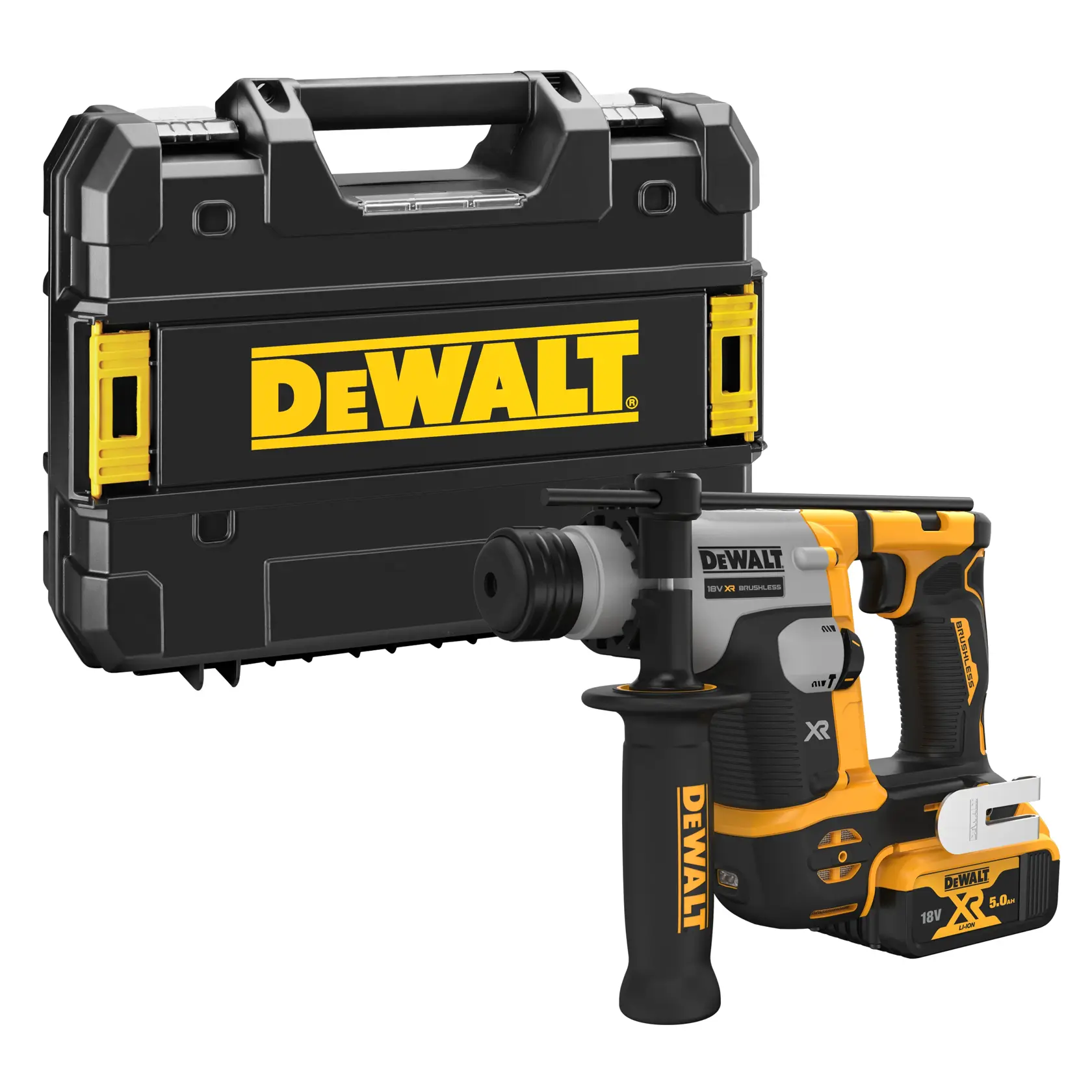 Un taladro rotatorio inalámbrico DEWALT con mango ergonómico, mostrado junto a su maletín de transporte negro y amarillo con la marca.
