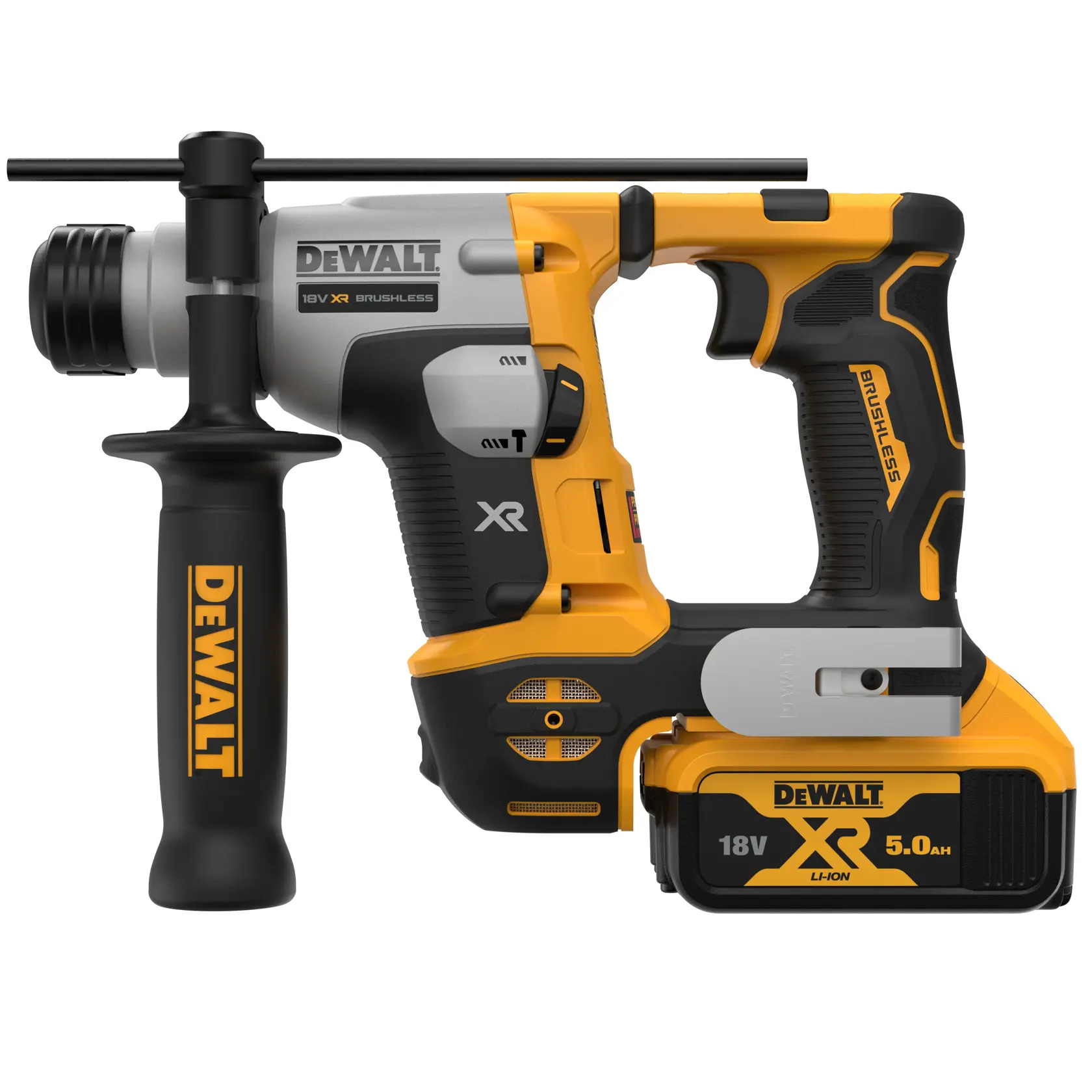 DEWALT DCH172P2 martillo rotatorio inalámbrico 18V con mango y batería XR 5.0Ah, vista lateral.