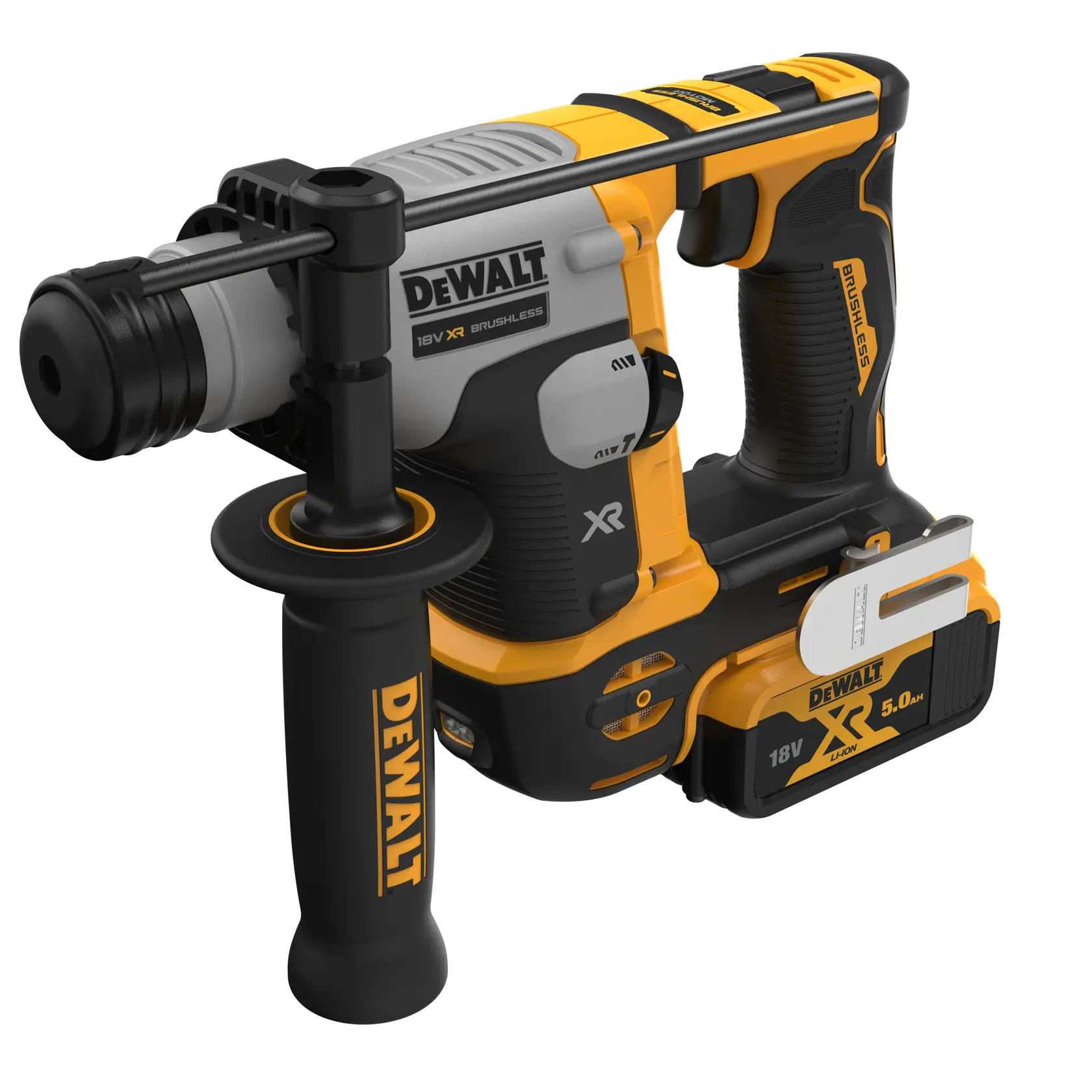 Martillo rotativo inalámbrico DEWALT 18V XR brushless con mango lateral y batería.