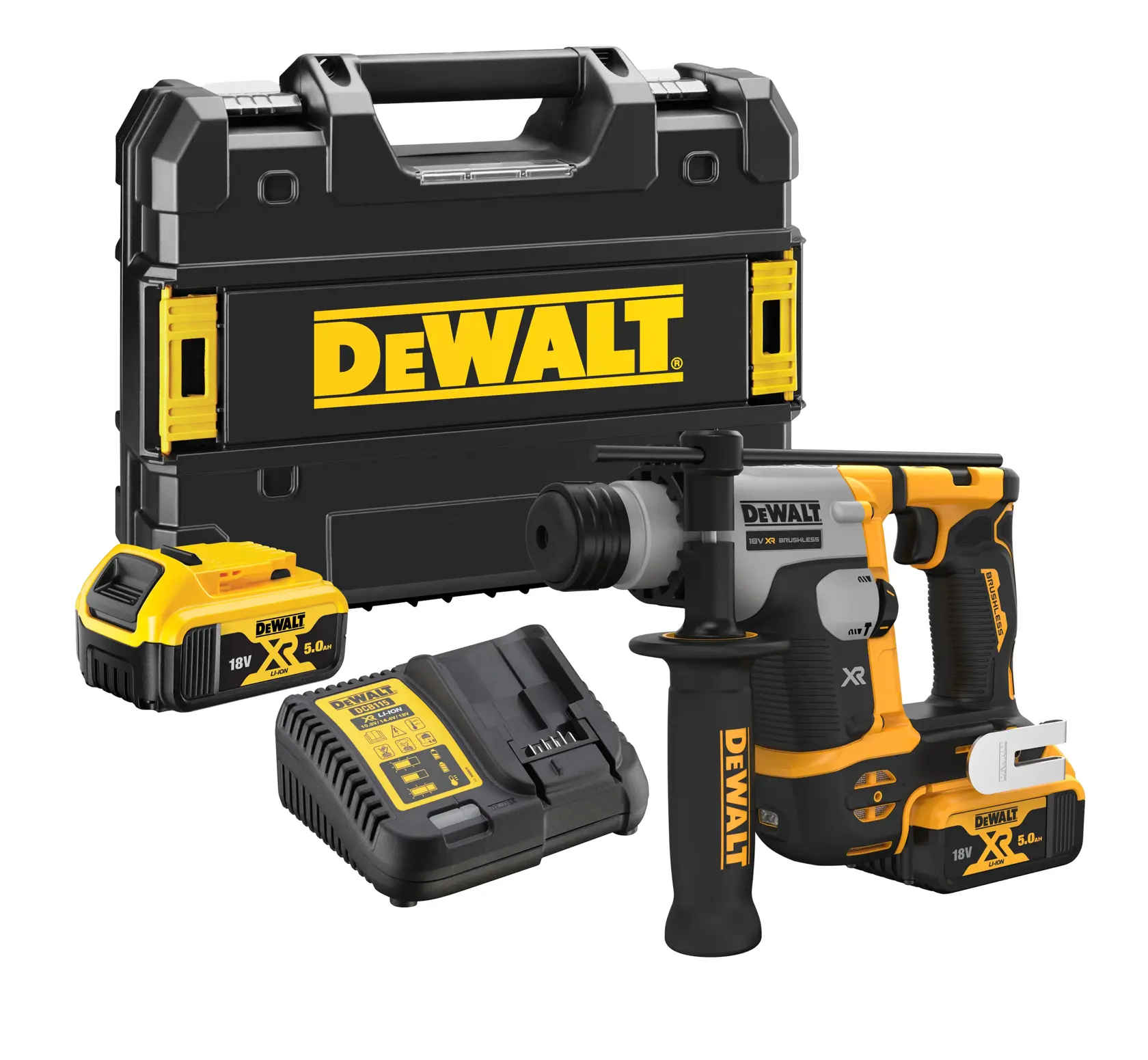 Juego de taladro rotativo inalámbrico DEWALT que incluye un maletín rígido negro y amarillo, dos baterías de iones de litio XR de 18V, un cargador de baterías y el taladro rotativo DCH172P2 con asa lateral.