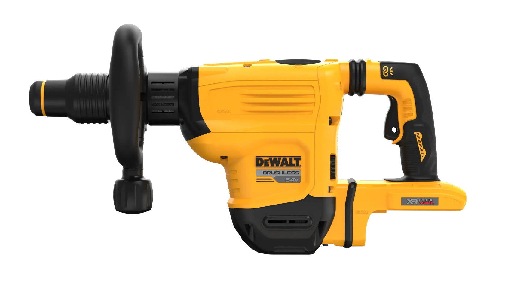 DEWALT DCH832N gelber Akku-Bohrhammer seitlich vor weißem Hintergrund gezeigt.