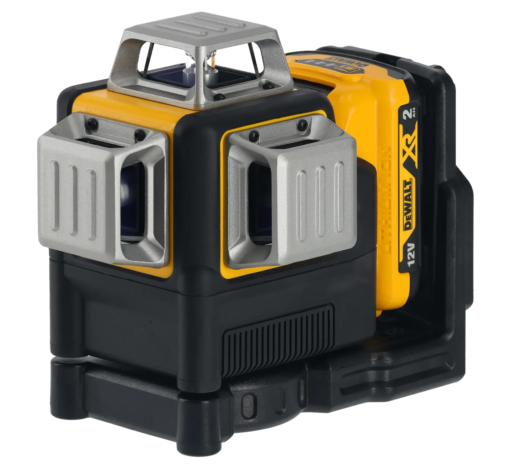 DEWALT 12V XR compact laser level device with yellow and black housing for alignment and measurements.