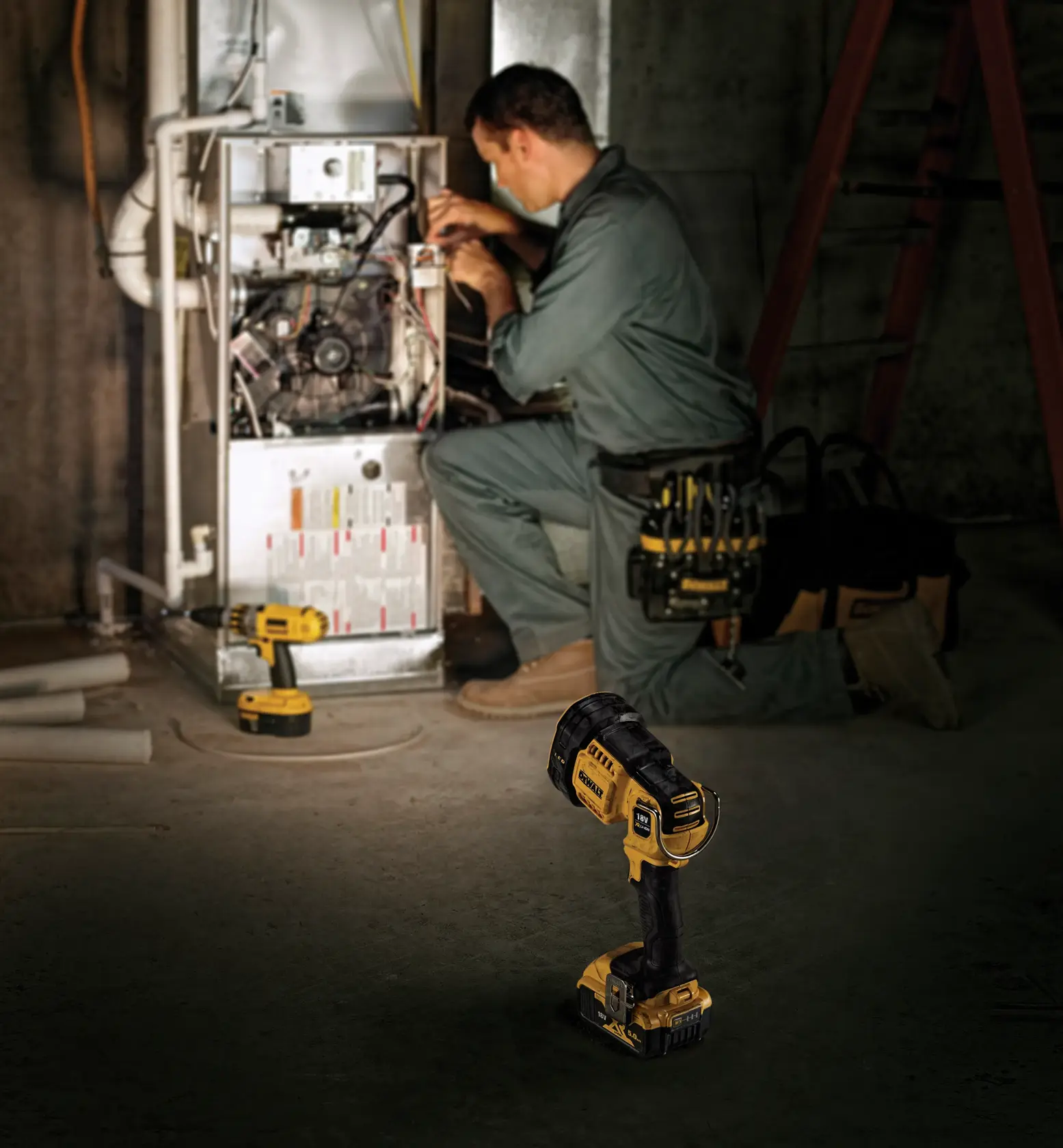 A DEWALT 20V MAX LED handheld spotlight with a yellow and black design, featuring a sturdy handle and battery compartment. The tool is branded with 'DEWALT' on the side and has a metal clip attached to the base.