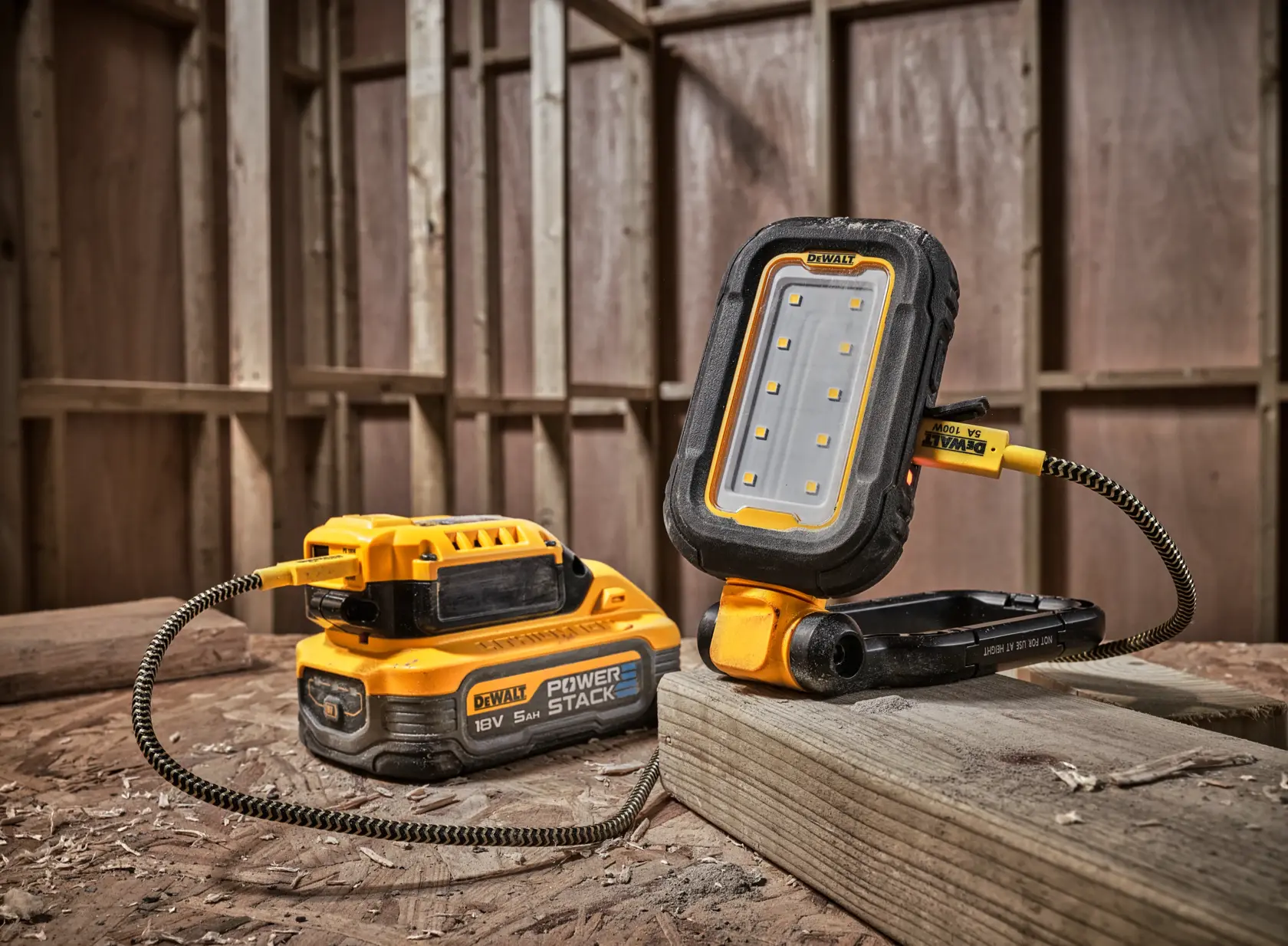 A DEWALT portable LED work light connected to a DEWALT Power Stack 18V battery, placed on a wooden surface inside a