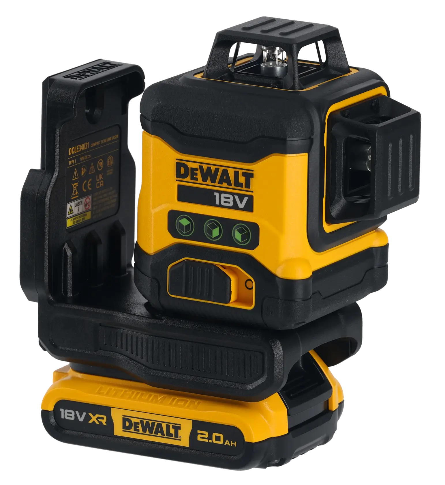 Nivel láser DEWALT XR 18V amarillo y negro con batería de litio 2.0Ah, sobre fondo blanco.