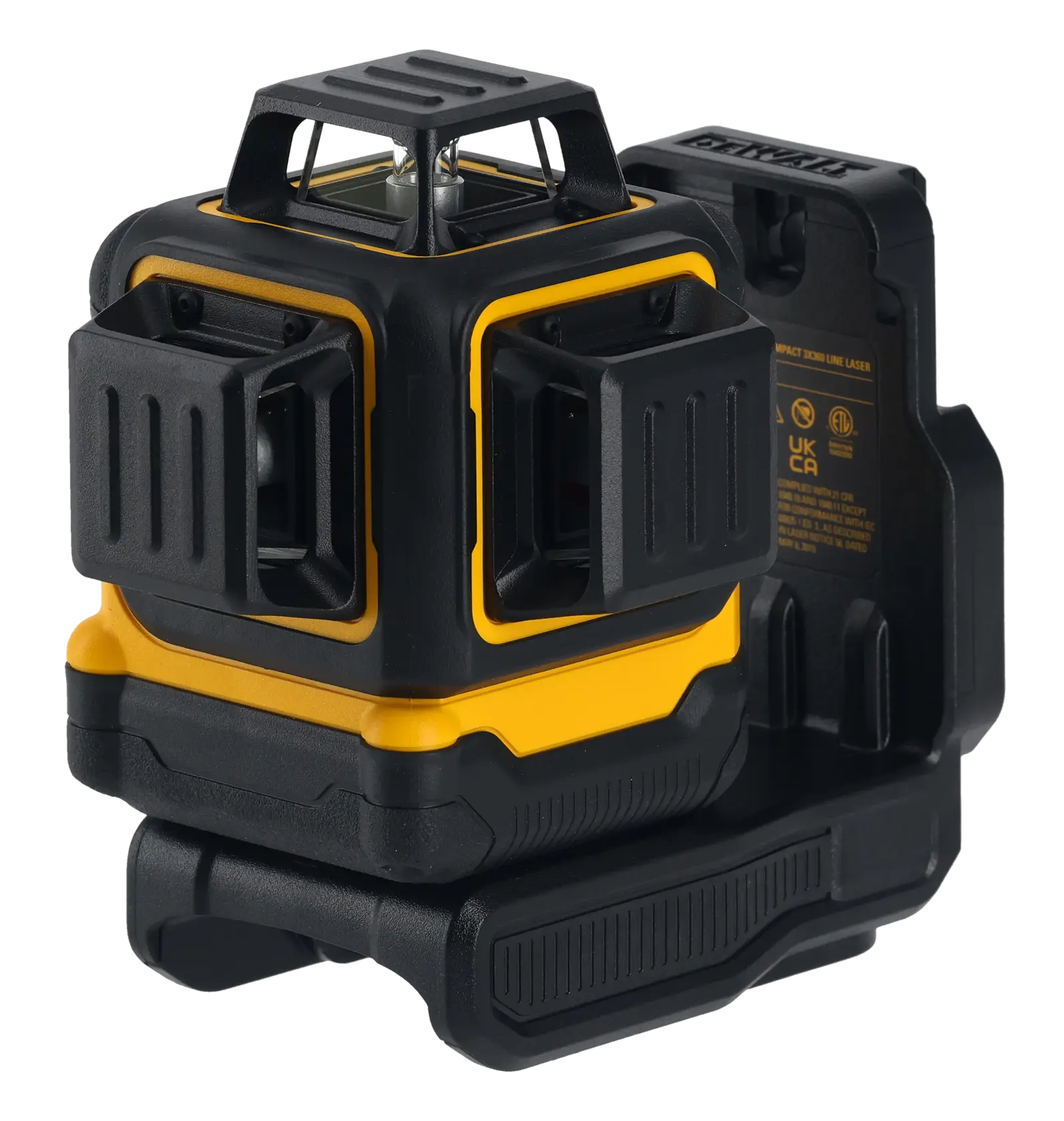 Nivel láser 3D DEWALT negro y amarillo, diseño compacto para alineación precisa en construcción y fotografía.