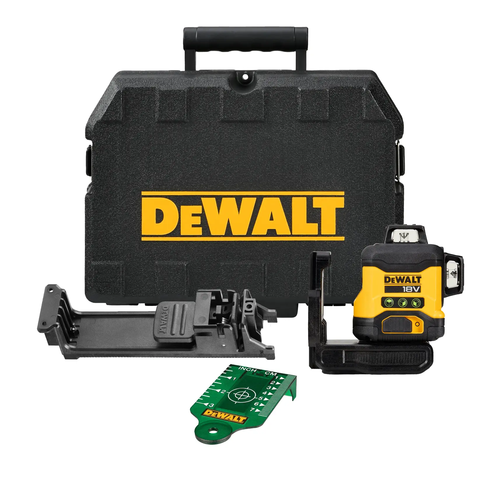 Kit de nivel láser DEWALT 18V con estuche, soporte y herramienta de objetivo verde.