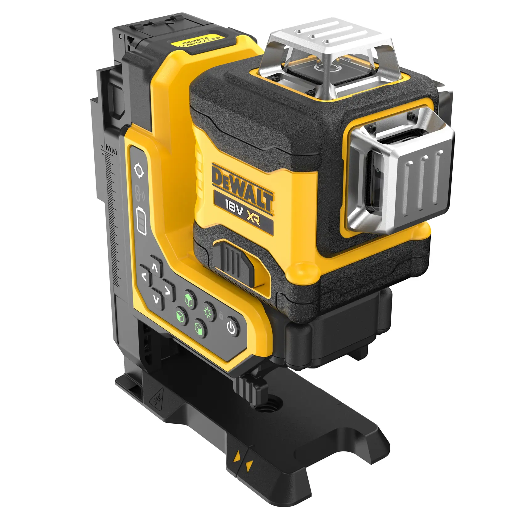 DEWALT 18V XR Laser-Nivelliergerät mit Steuerknöpfen und Basis für präzise Ausrichtungsarbeiten.